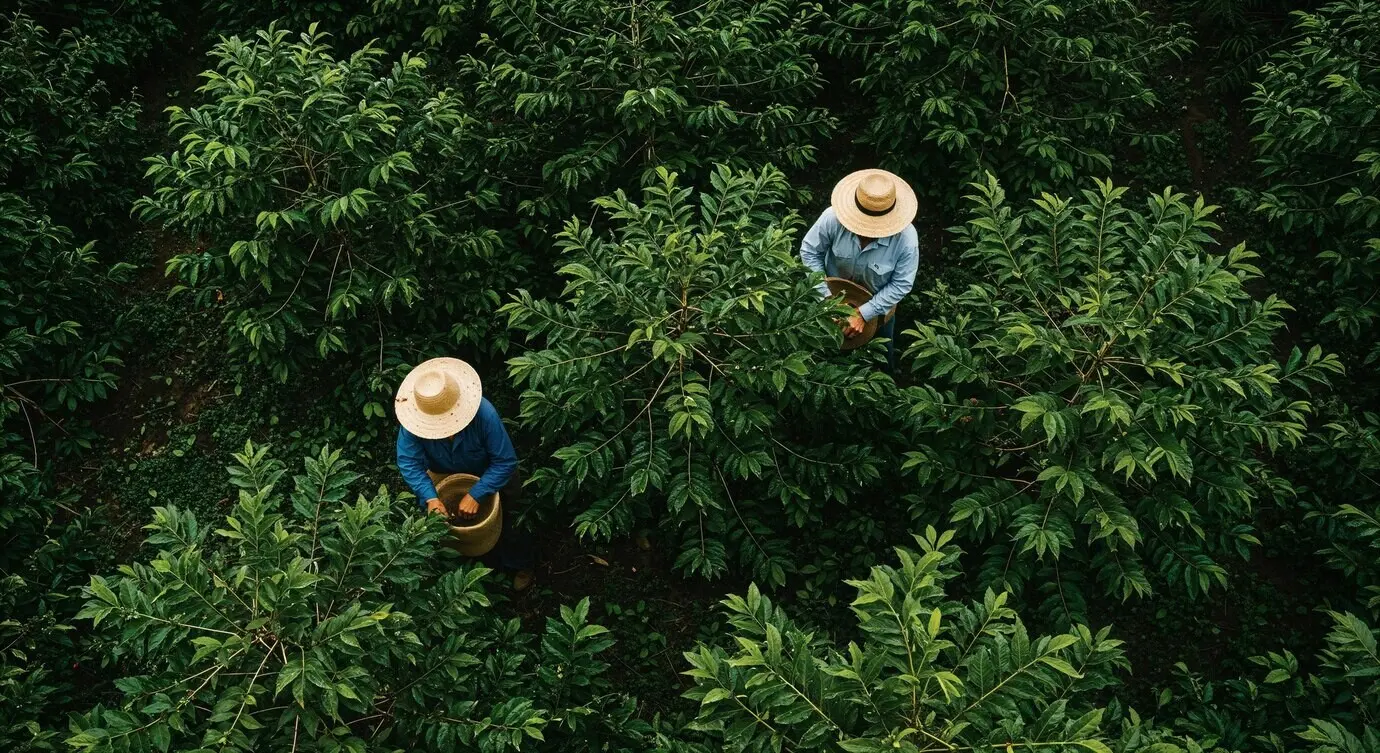 Coffee being harvested in a verdant plantation